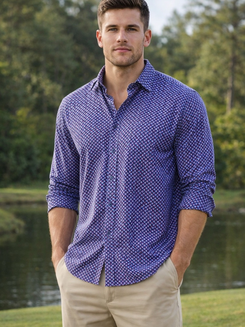 🆕 Buttercloth Button Down Shirt (M) Purple Print Cotton Soft Regular Fit NWT